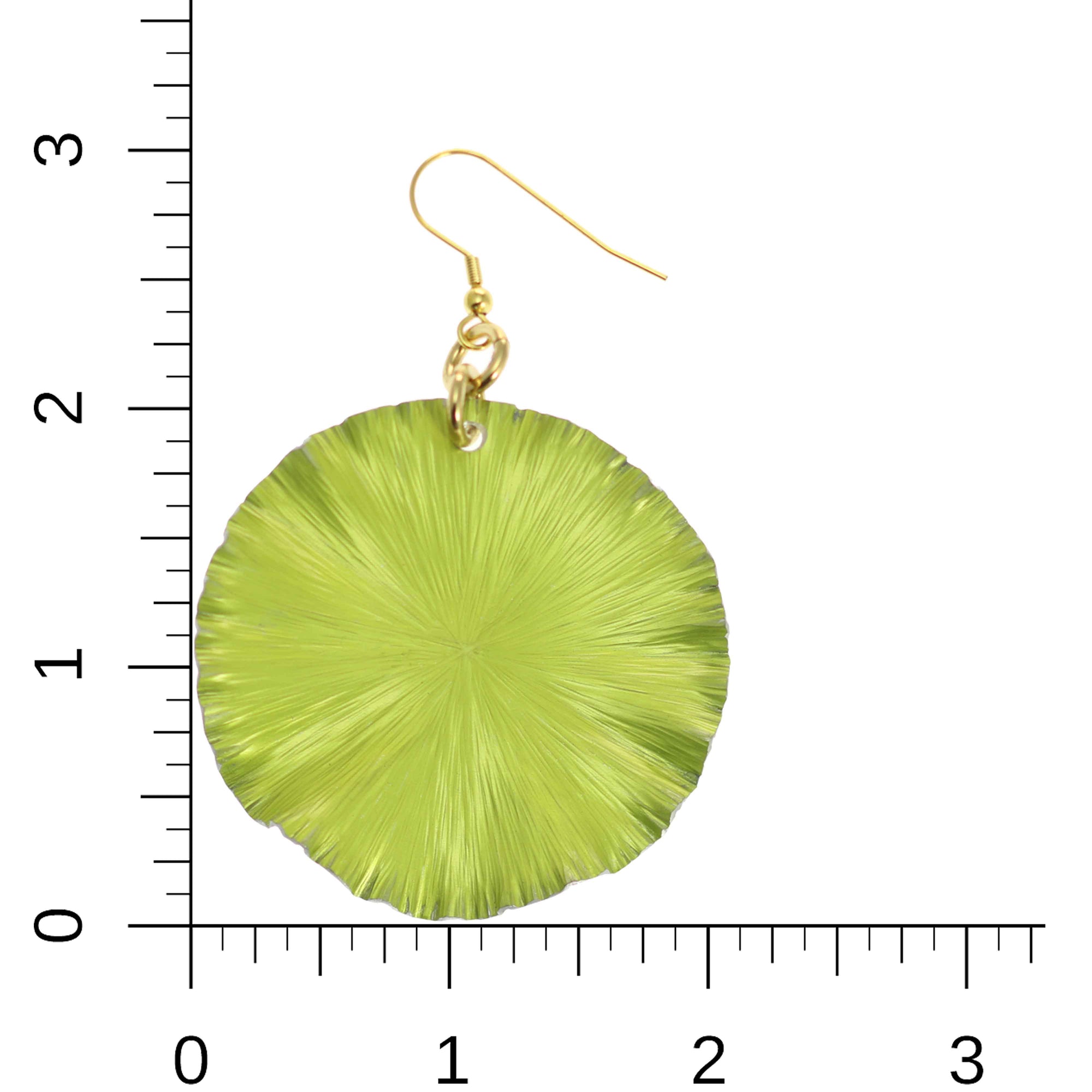 Sour Candy Apple Anodized Aluminum Large Lily Pad Earrings on a Ruler for Size Dimensions