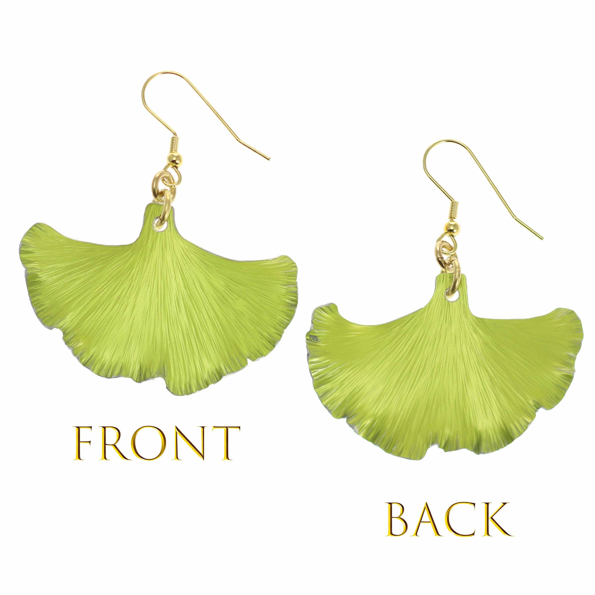 Front and Back Views of Medium Sour Candy Apple Anodized Aluminum Ginkgo Leaf Earrings