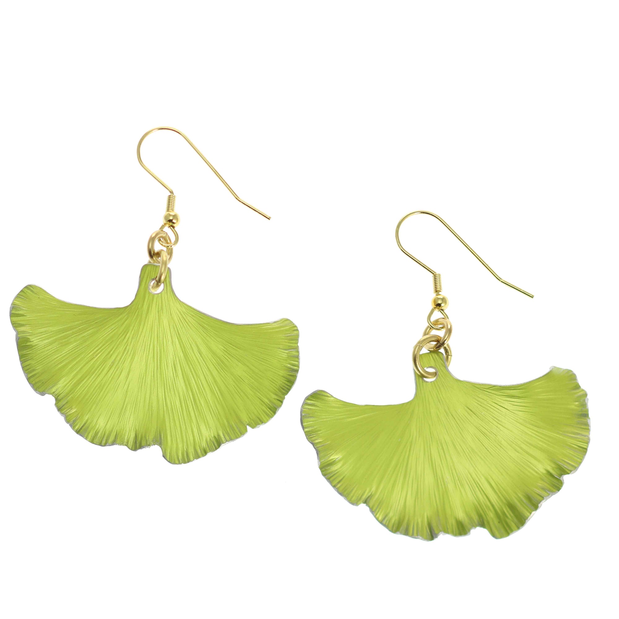 A Pair of Medium Sour Candy Apple Anodized Aluminum Ginkgo Leaf Earrings on a White Background