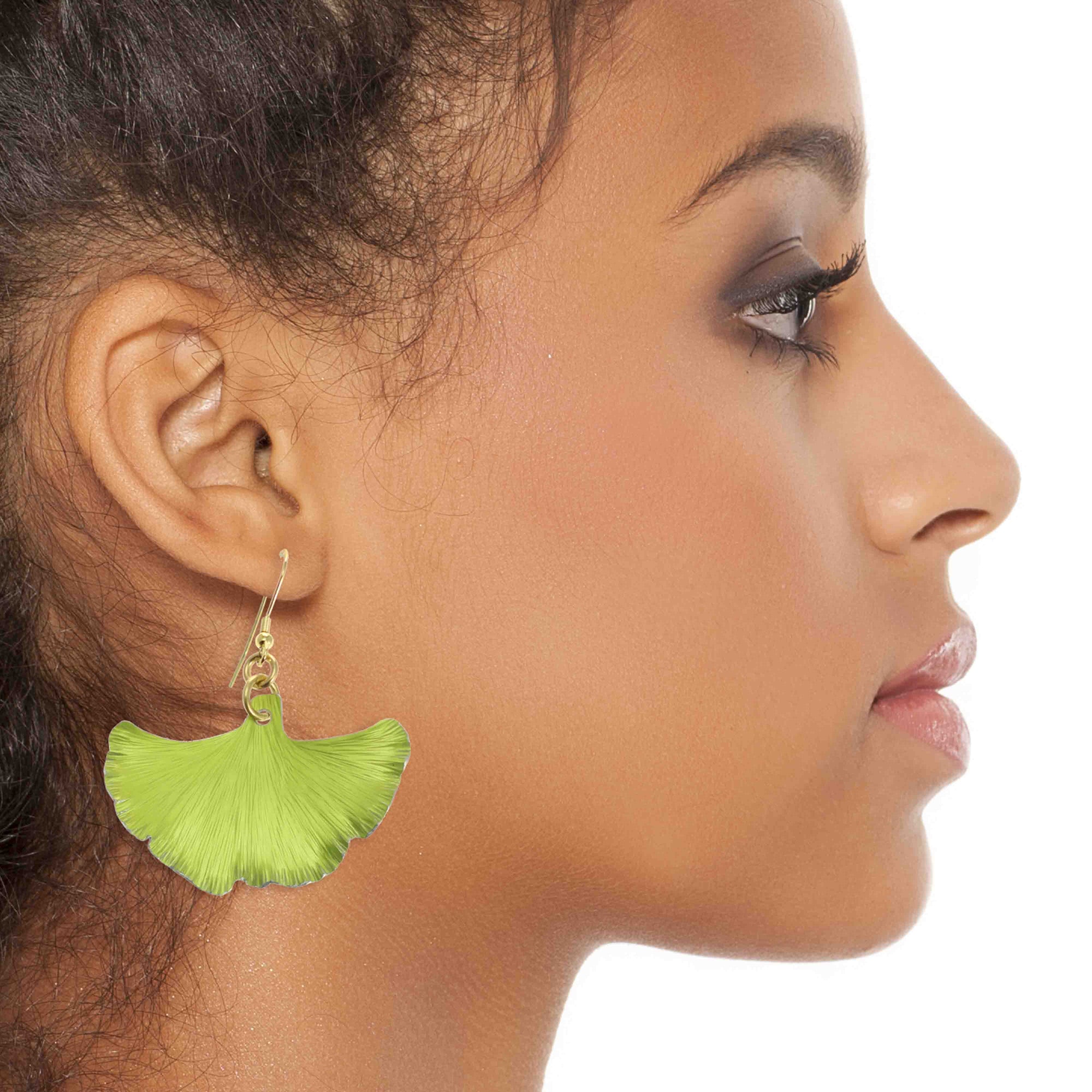 A Fashionable Woman Wearing Medium Sour Candy Apple Anodized Aluminum Ginkgo Leaf Earrings