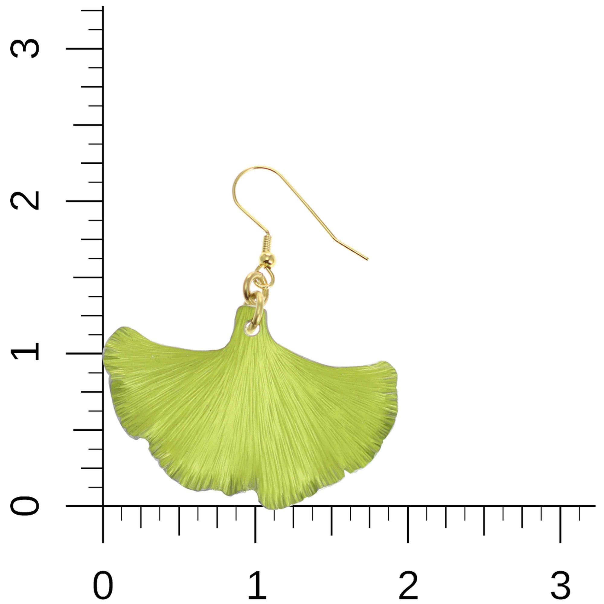 Medium Sour Candy Apple Anodized Aluminum Ginkgo Leaf Earrings on a Ruler for Size Dimensions