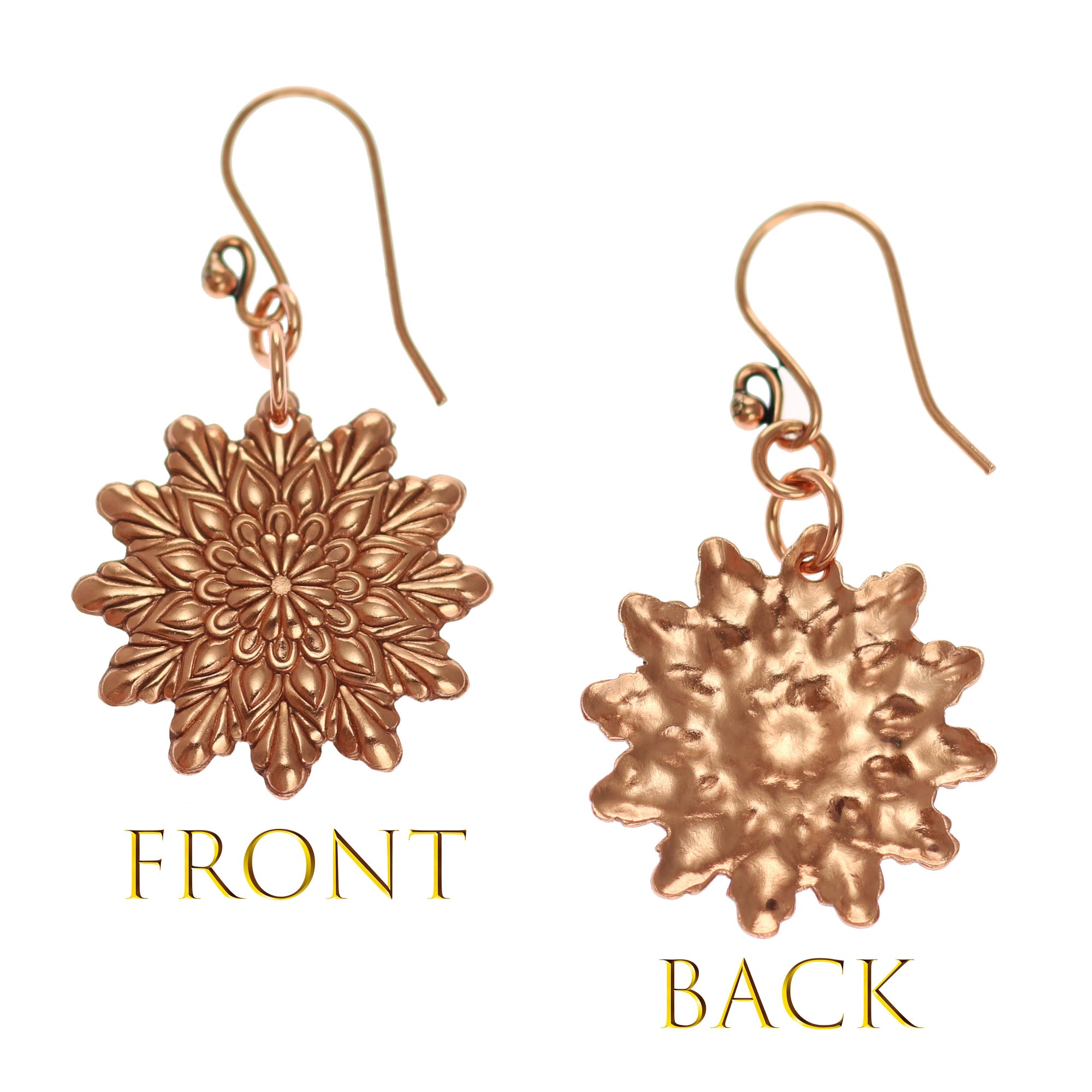 Starburst Mandala Copper Earrings - Front and Back View