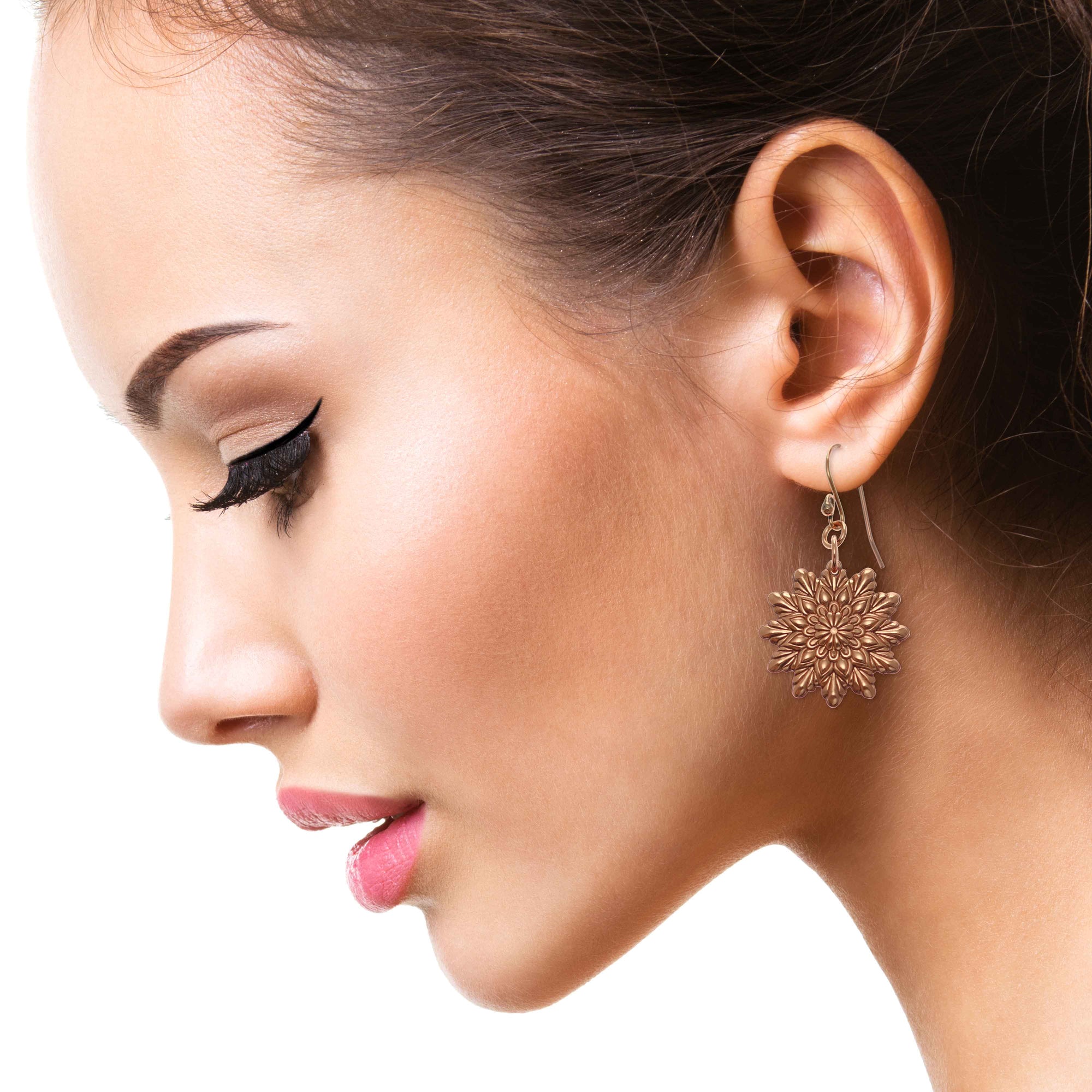 Stunning Woman Wearing Starburst Mandala Copper Earrings 