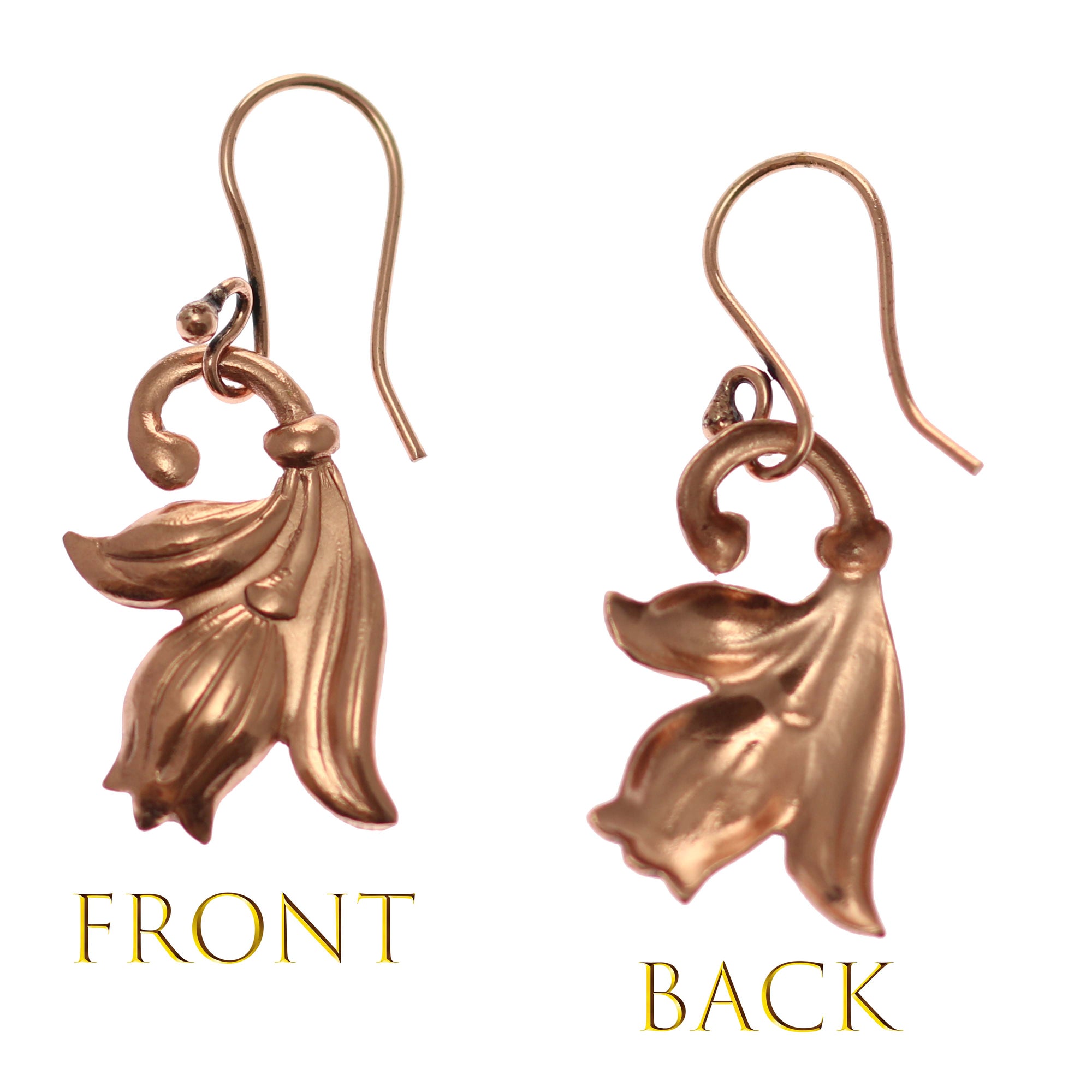 Front and Back View of Tulip Flower Copper Dangle Earrings