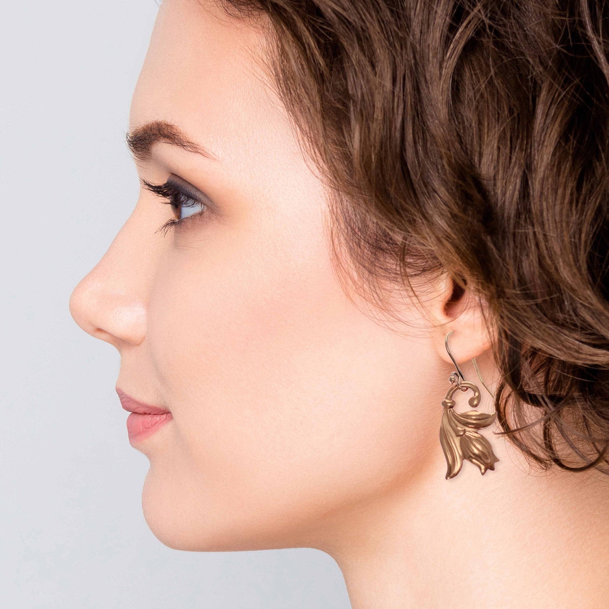 Elegant Woman Wearing Tulip Flower Copper Dangle Earrings