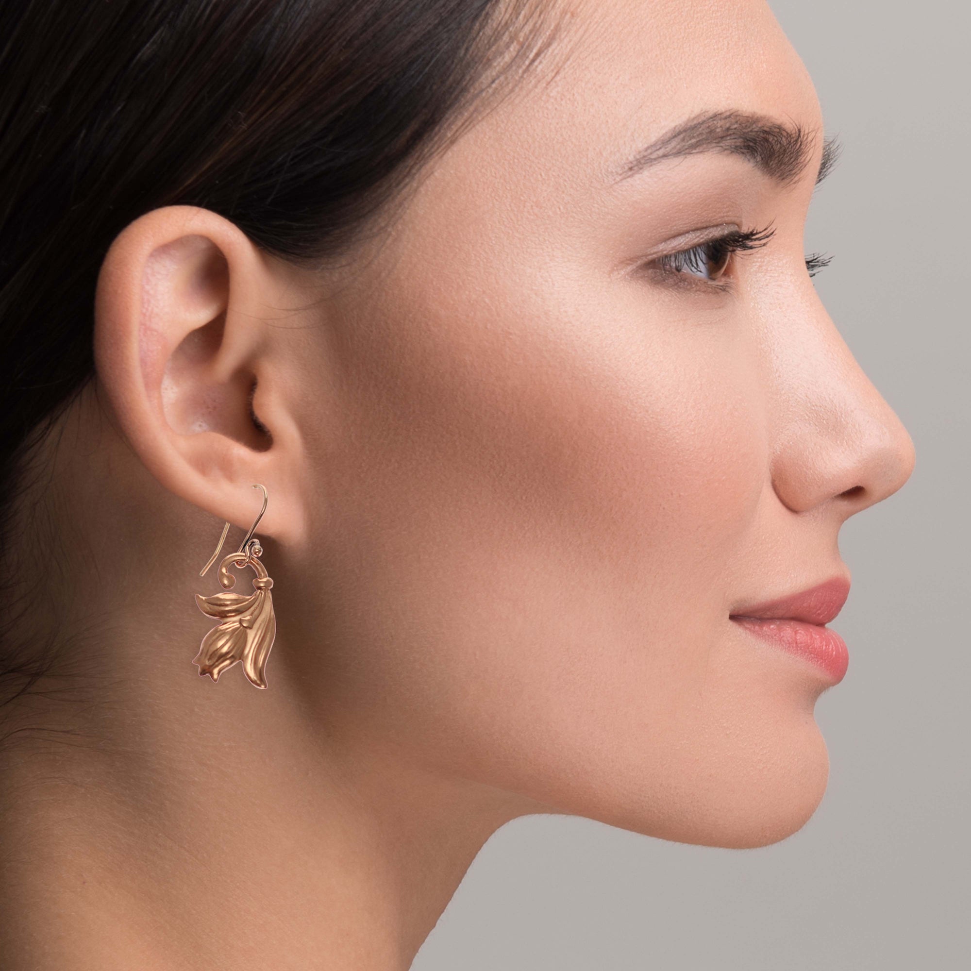 Stunning Woman Wearing Tulip Flower Copper Dangle Earrings