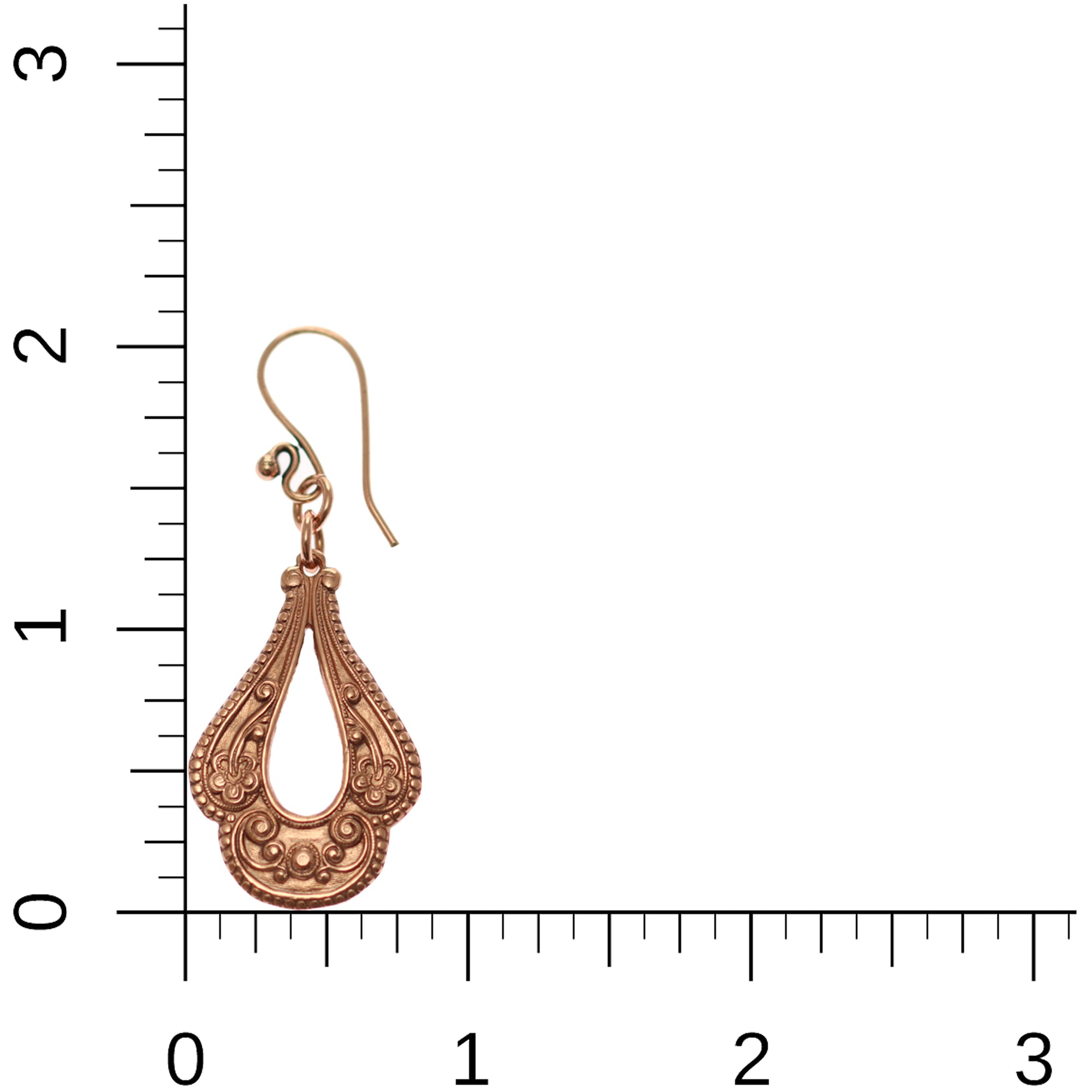 Victorian Open Teardrop Earrings on Ruler for Size Dimensions