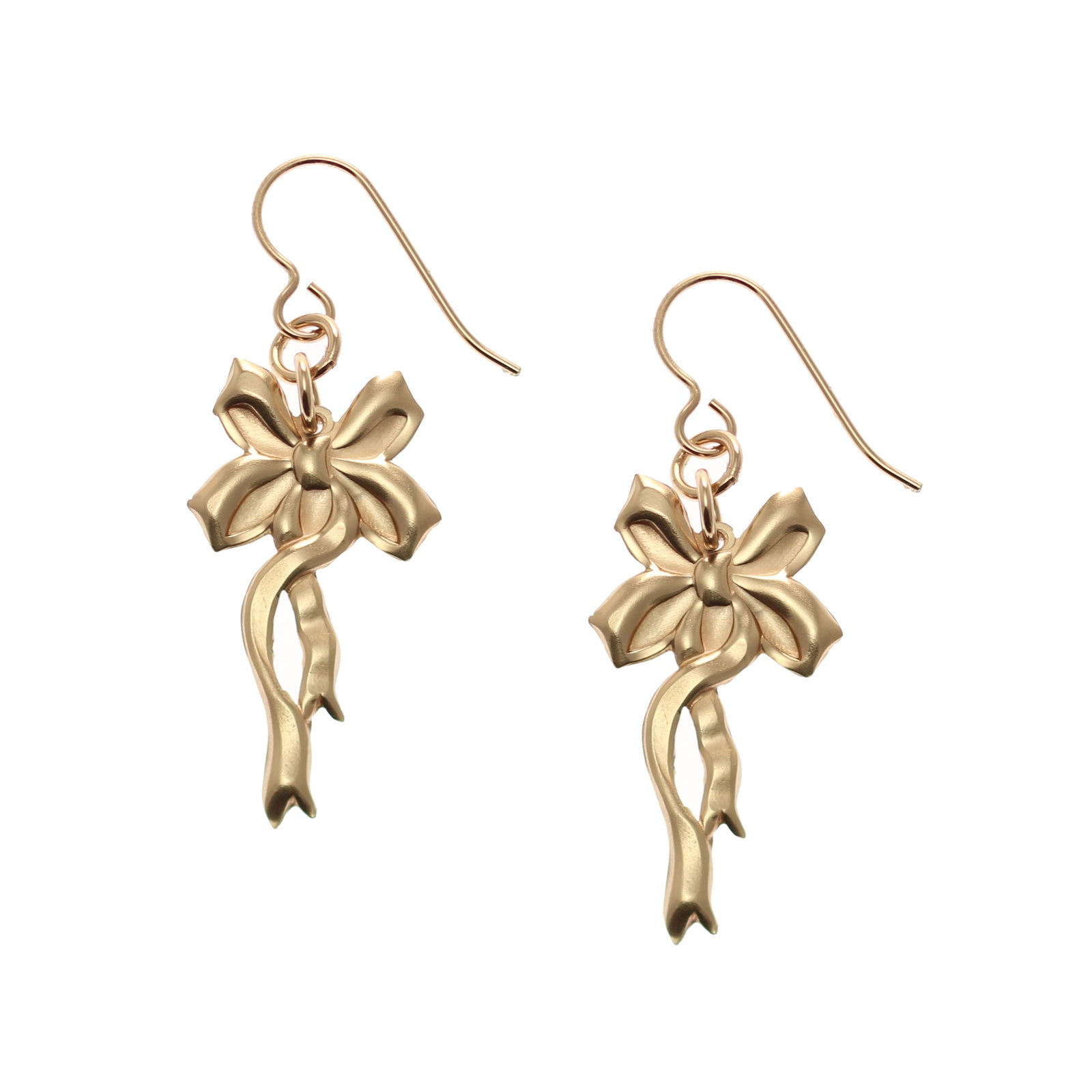 A Pair of Yuletide Ribbon Bronze Dangle Earrings on a White Background